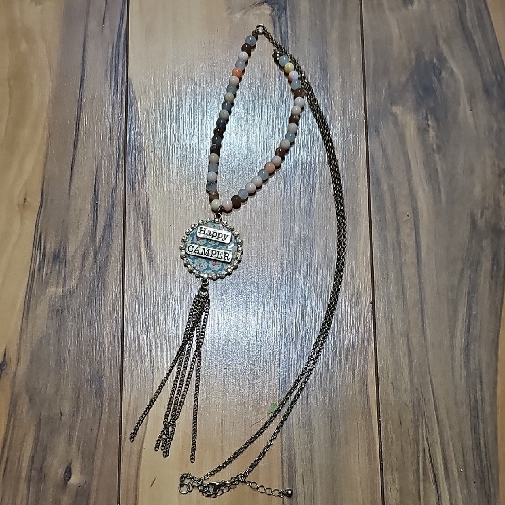 Bohemian Beaded Necklace with Happy Camper Pendant
